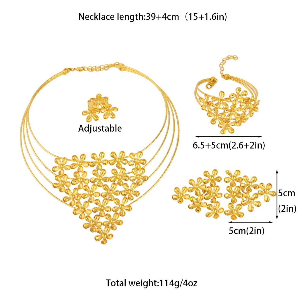 Fashion Silver Gold Color Hollow Shape Necklace Earrings Bracelet Ring Set for Women Exaggerated Design Jewelry Gift for Party