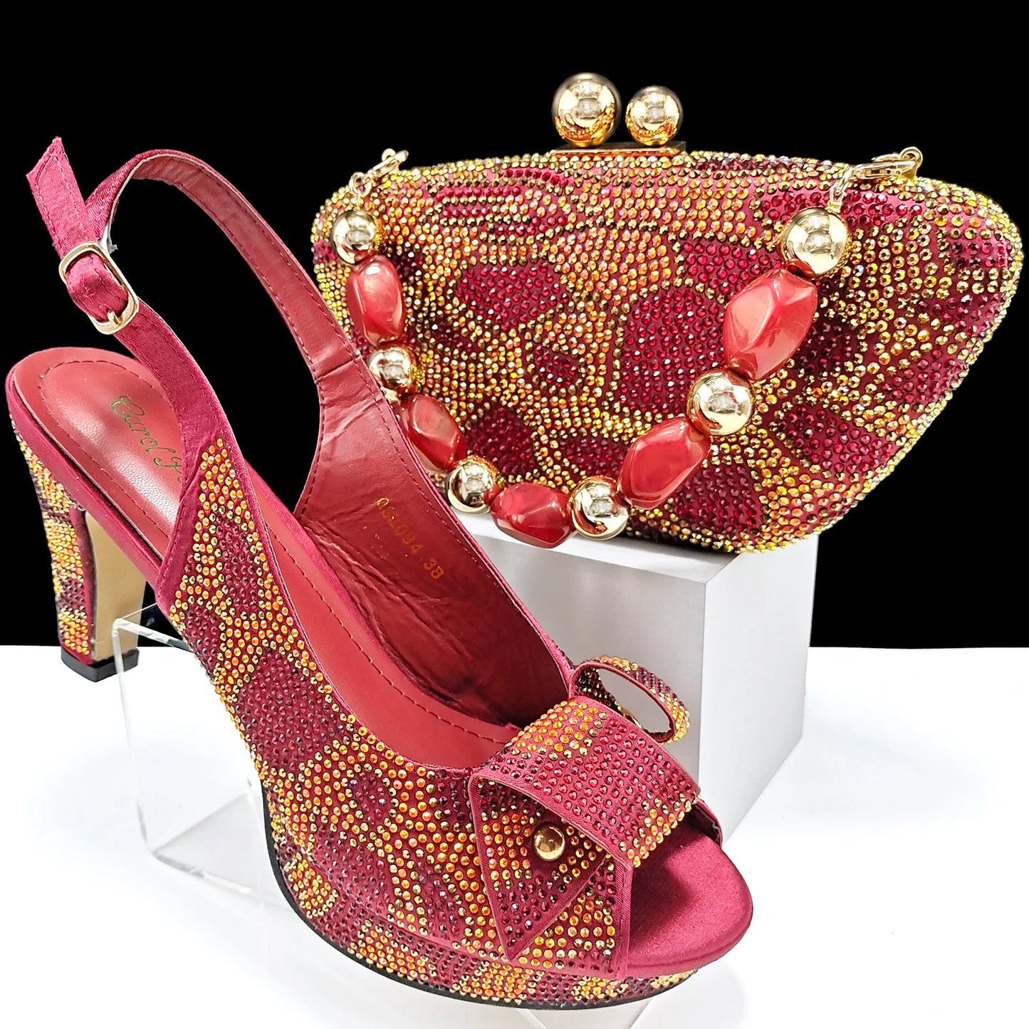 Nigeria Women's Open Toe High Heels Package Set Leopard Colorblocking Hot Rhinestones Fashion Sexy High Heels