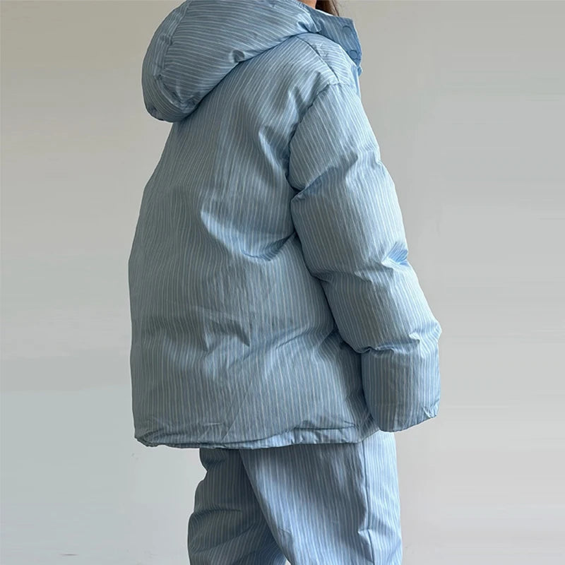 Polka Dots Hooded Cotton Coats Trousers Set 2026 Winter Loose Zippers Drawstring Jacket Elastic Waist Pants Women's Warm Outfits