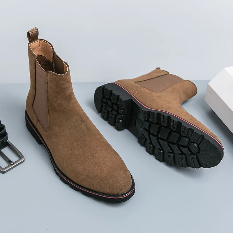 New Brown Men Chelsea Boots Flock Rivet Square Toe Red Sole Punk Handmade Men Short Boots  Bottes Pour Hommes