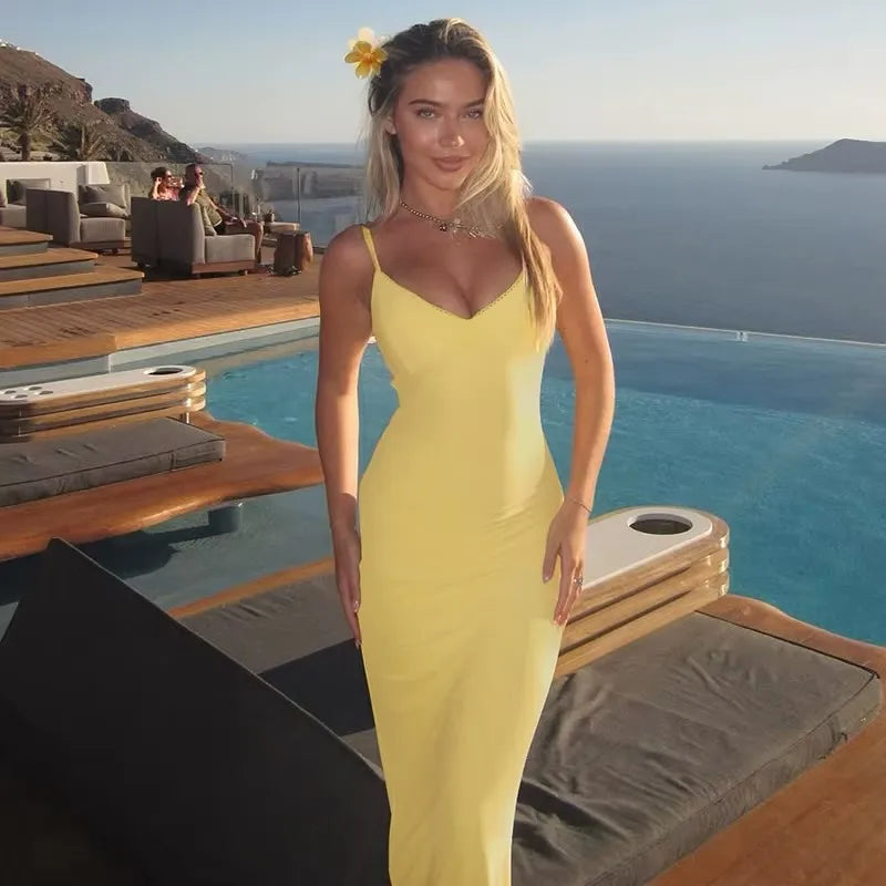 Elegant Women's Backless Yellow Lace Dresses Cross-back Design Long Slim Fit A-line Summer Dress Y2k Vacation Travel Vestido2026