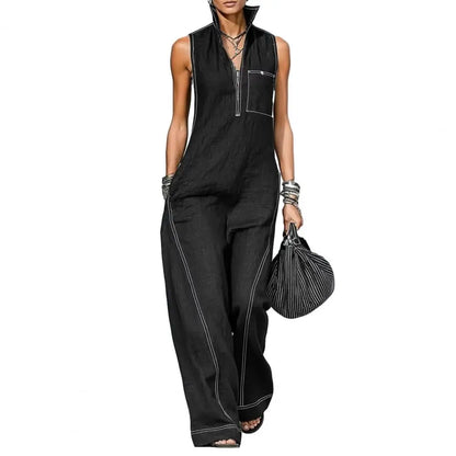 Solid Color Women Sleeveless Jumpsuit Casual Long Pants Rompers with Pockets Summer Zip Up Stand Collar One Piece Overalls