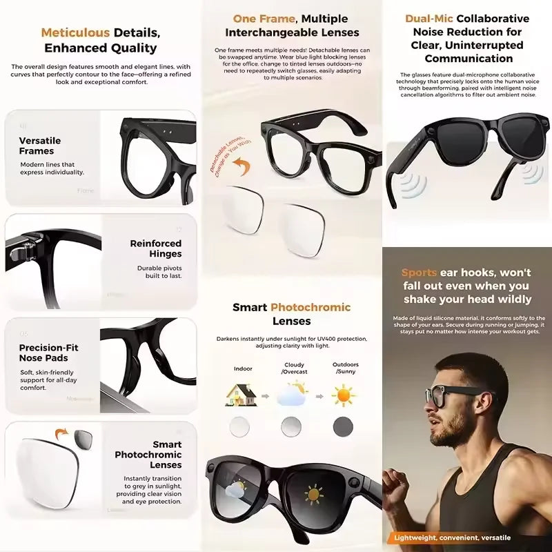 2026 New AI Smart Glasses with Video Camera Outdoor Sunglasses Wi-Fi Transfer BT Calling Audio Record Smart Wearable Headset