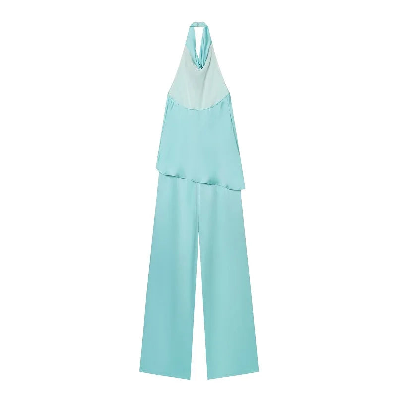 HXAO Satin Jumpsuits For Women Off Shoulder Halter Full Length Jumpsuit Summer Backless One Piece Wide Leg Long Pants Romper
