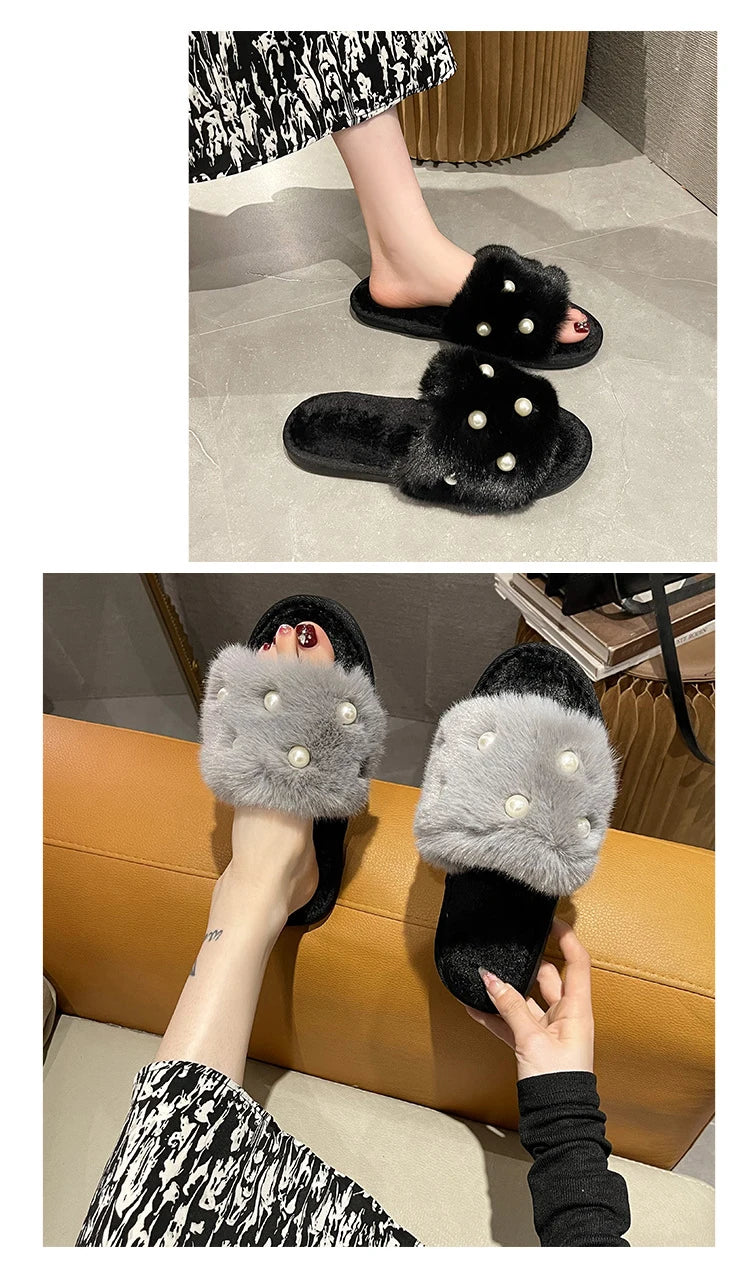 Perle Fluffy Slippers Home Winter Casual Designer Shoes Women 2025 New Luxury Indoor Plush Slides Girls Fashion Elegant Footwear