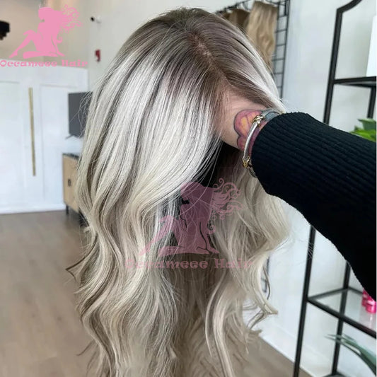 Ash Blonde Human Hair Wig Dark Roots Transparent Lace Frontal Human Hair Wigs 13x4 Lace Front Wigs with Baby Hair Pre Plucked Na
