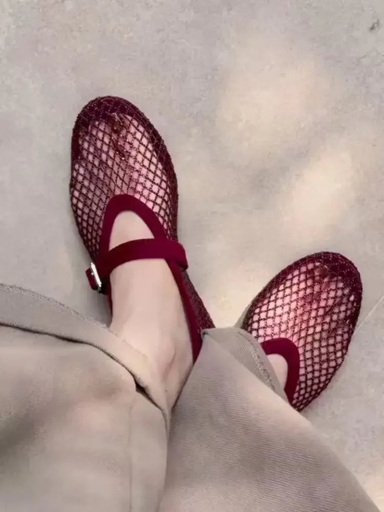 2026 New Model~ Fishnet Rhinestone Ballet Flat Mary Jane Women's Shoes with Hollowed-Out Strap
