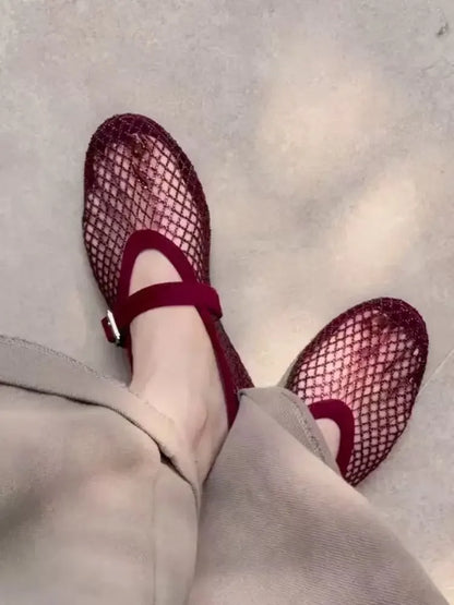2026 New Model~ Fishnet Rhinestone Ballet Flat Mary Jane Women's Shoes with Hollowed-Out Strap