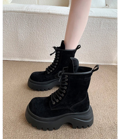 Comemore Platform Lace Up Ankle Boots Retro British Style Chunky Heeled Suede Leather Shoes for Women Solid Short Work Botas