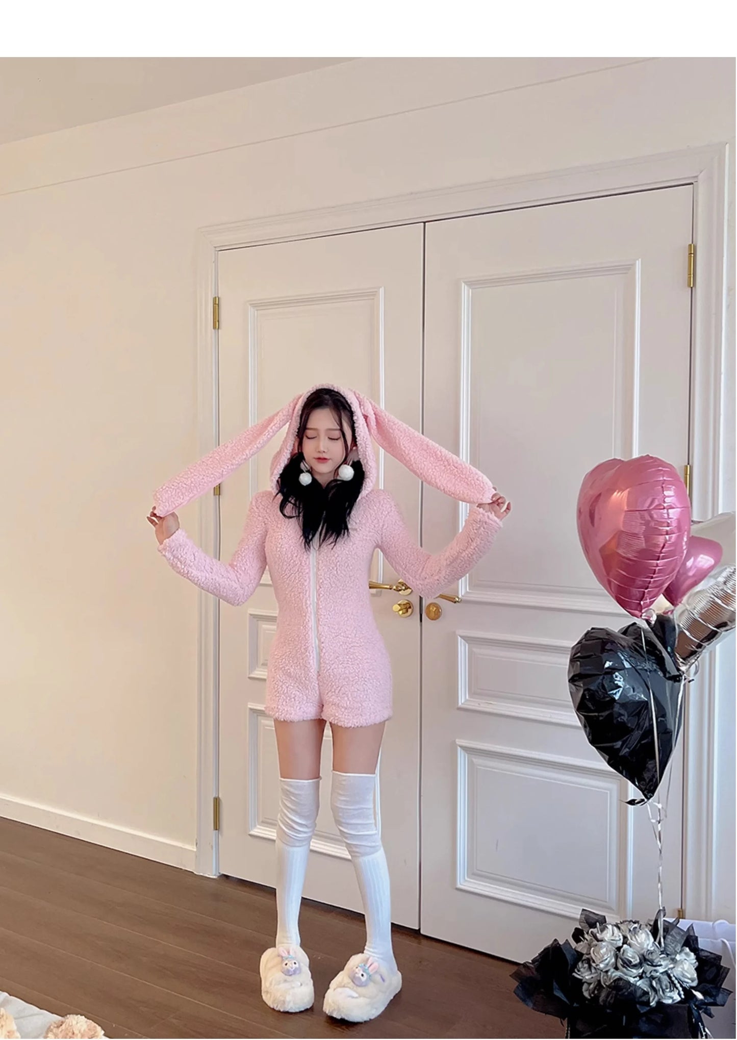 Pink Rabbit Hooded Fluffy Jumpsuits Sweet Zipper Long Sleeve Solid Color Rompers Flannel Onesie Shorts Pajamas Loungewear