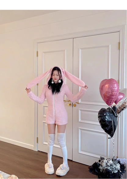 Pink Rabbit Hooded Fluffy Jumpsuits Sweet Zipper Long Sleeve Solid Color Rompers Flannel Onesie Shorts Pajamas Loungewear