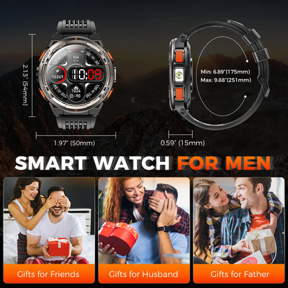 EIGIIS KE5 3ATM Waterproof Smart Watch for Men with LED Flashlight 1.45'' HD Rugged Smartwatch with 530mAh Big Battery