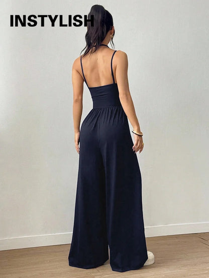 Women Halter Spaghetti Strap Jumpsuits Summer Casual Elastic High Waist Backless Wide Leg Long Pants Romper Club Party Overalls