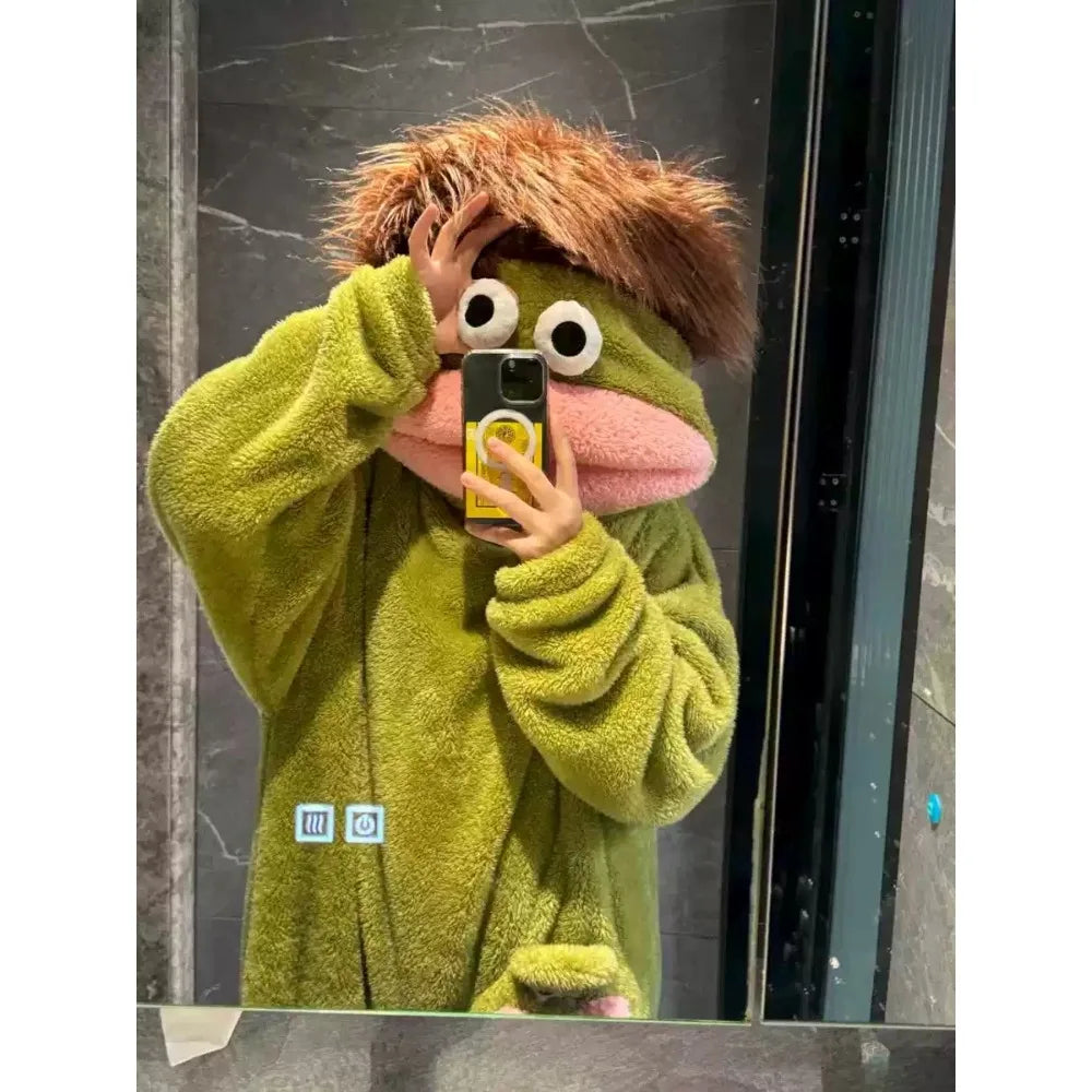 Cute Big Mouth Monster Onesie Pajamas Thick Coral Fleece Homewear Funny Couple Sleepwear for Men Women Autumn Winter Lounge Wear