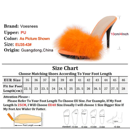 10CM Thin High Heel Summer Furry Slippers For Ladies Mules Fashion Fluffy Fur Slides Sandals 2025 New Brand Women's Party Shoes