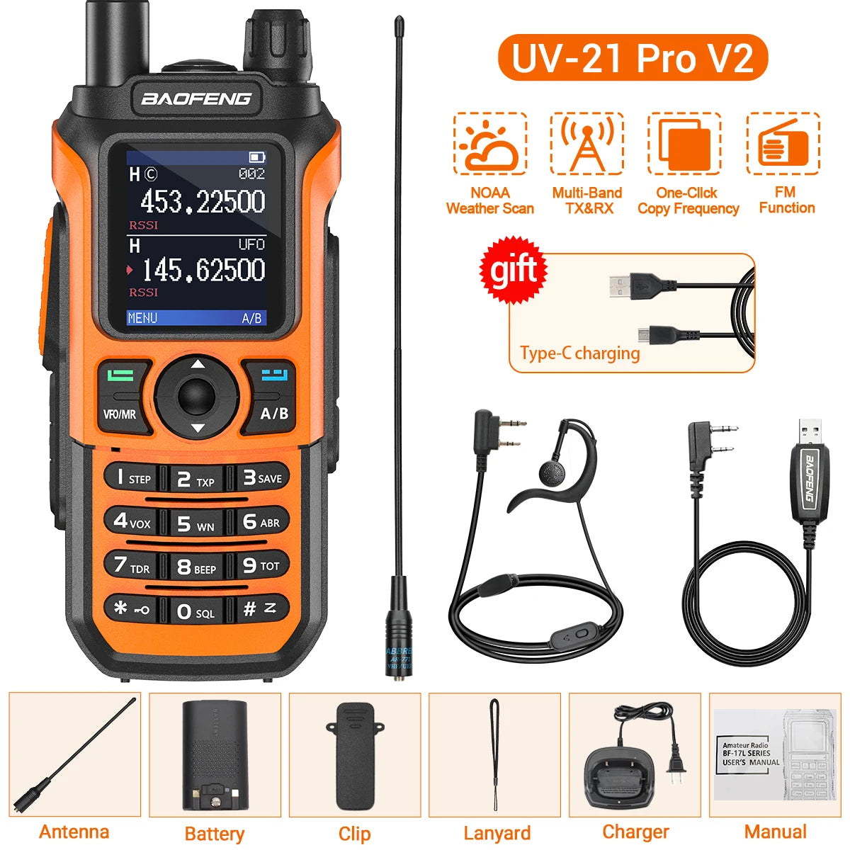 Baofeng UV-21 PRO Walkie Talkie Wireless Copy Frequency 16 KM Long Range TYPE-C V2 Two Way Radio Ham CB Radio UV-5R UV-17