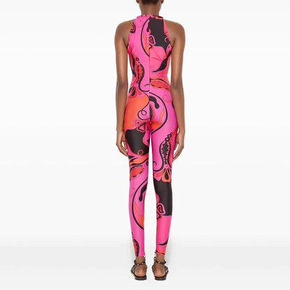 Sexy Vintage Printed Jumpsuits Woman Trend O Neck Zipper Sleeveless Skinny Peach Hip Jumpsuit Hottie Party Club Overalls
