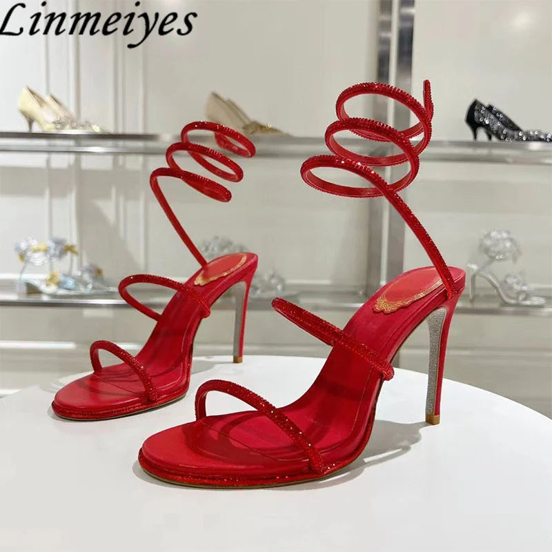 Summer Crystal Gladiator Sandals Women Rhinestone Twine Around Ankle Snake Wedding Shoes High Heels Sandals Woman