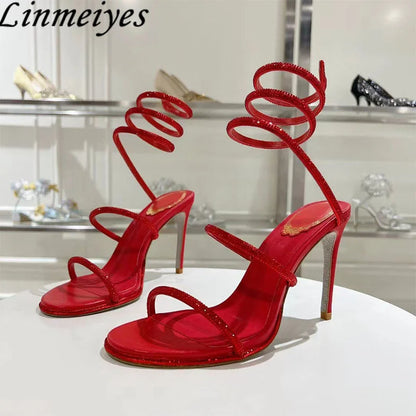 Summer Crystal Gladiator Sandals Women Rhinestone Twine Around Ankle Snake Wedding Shoes High Heels Sandals Woman