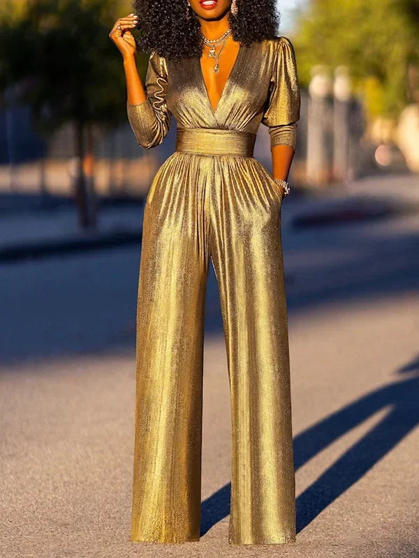 Uoozee Female Fashion Sexy Deep V-neck High Waisted Wide Leg Jumpsuits 2025 New Long Sleeves Solid Color Loose Party Outfits
