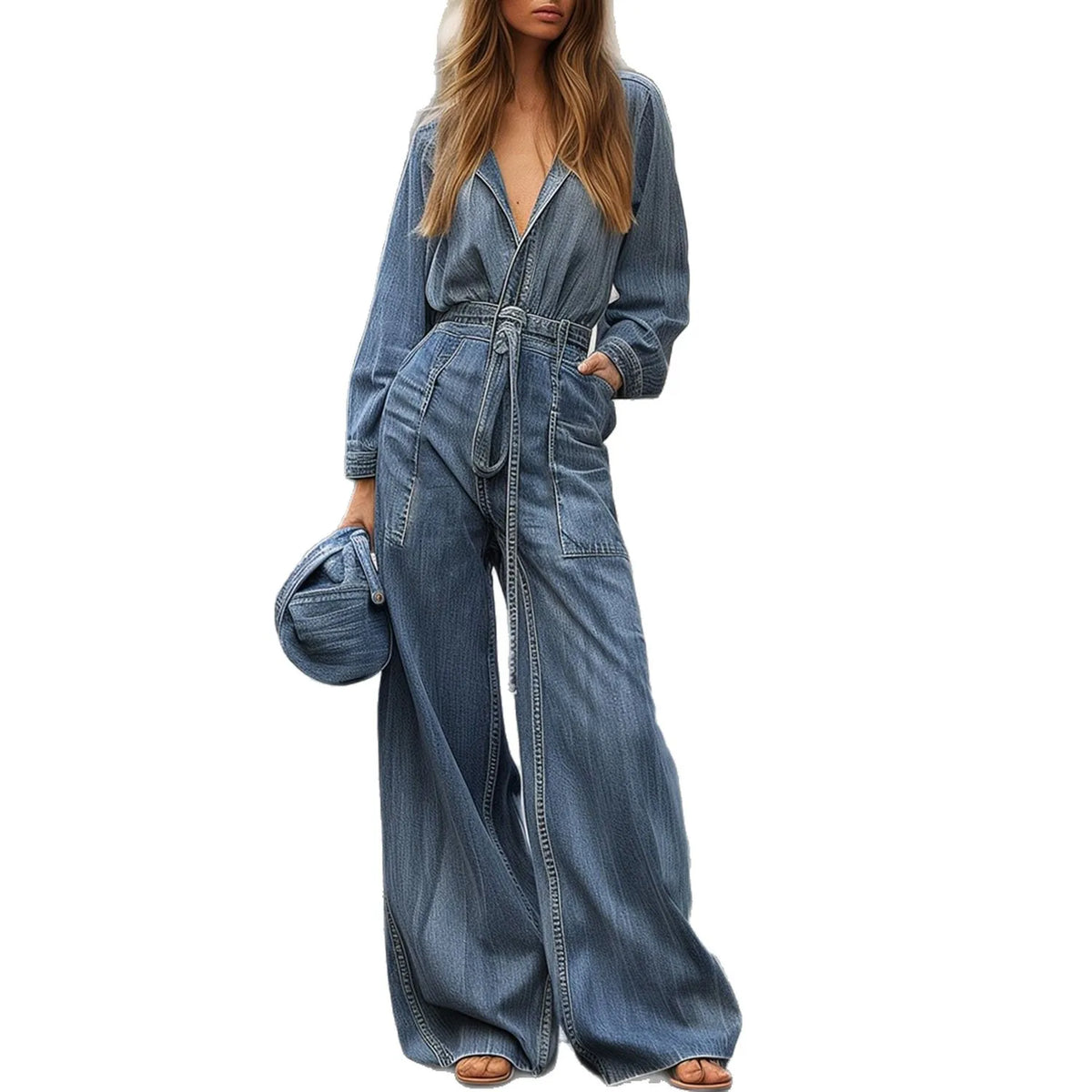 Jumpsuits For Woman Winter Clothes For Women One Piece Jumpsuit  New Years Outfit Women Design-Inspired Long-Sleeved V-Neck Denim One-Piece Pants For Women, Retro And Loose Fit Straight-Leg Pants