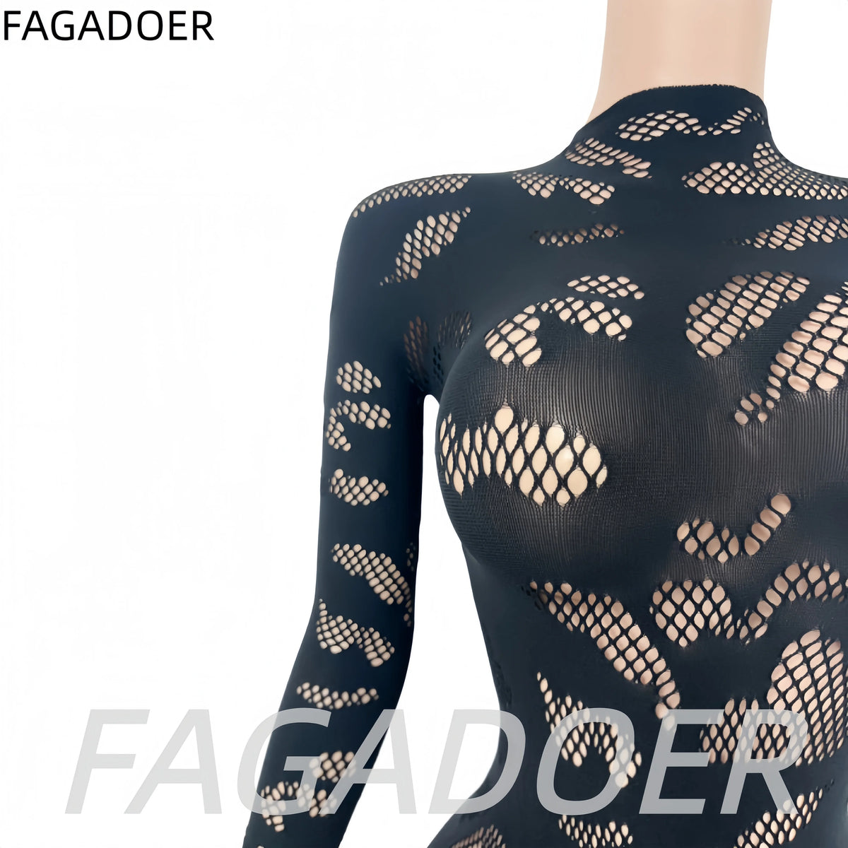 FAGADOER Sexy Lace See Through Patchwork Bodycon Jumpsuits for Woman Hollow-out Long Sleeves Rompers Female Streetwear Overalls