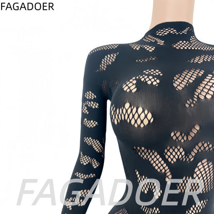 FAGADOER Sexy Lace See Through Patchwork Bodycon Jumpsuits for Woman Hollow-out Long Sleeves Rompers Female Streetwear Overalls