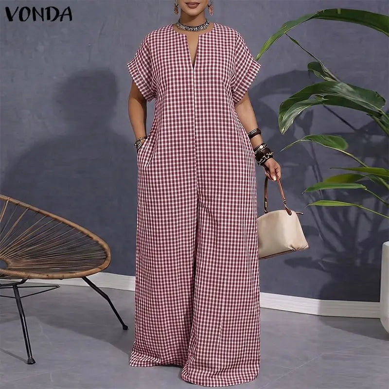VONDA Women Plus Size Jumpsuits Fashion Summer Short Sleeve Tops Wide Leg Pants OL Work Playsuits Plaid Overalls Streetwear