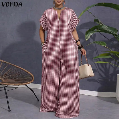 VONDA Women Plus Size Jumpsuits Fashion Summer Short Sleeve Tops Wide Leg Pants OL Work Playsuits Plaid Overalls Streetwear