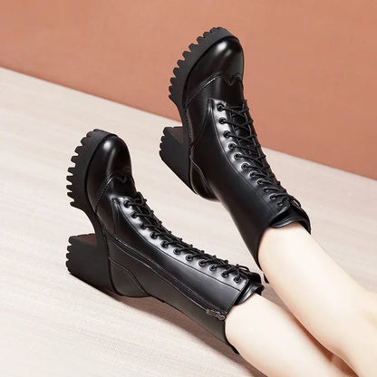 10cm Small Size 32-43 Fall Winter Genuine Leather Boots Platform Shoes 2026 Womens Block High Heels Mid Leg Boots Office Model