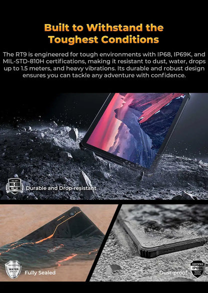 OUKITEL RT9 Rugged Tablet - 10.1" HD Display, 24(6+18)GB+256GB, IP68 IP69K Waterproof, 11000mAh Battery Android 14 Tablet PC