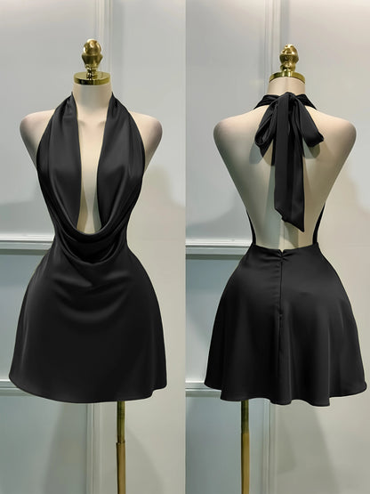 Women Elegant Solid Satin Dress, Back Zipper Open Back Fitted Midi Dress, Casual Vacation Party Banquet Cocktail Gown