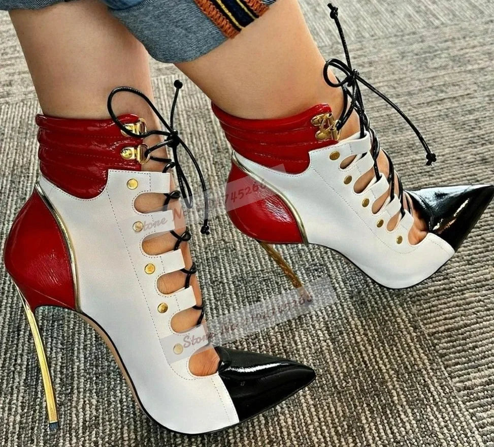 Multi-Color Patent Leather Pvc Stiletto Heel Lace-Up Shoes Golden Blade Heel Pink Black Patchwork Pumps Transparent Ankle Boots