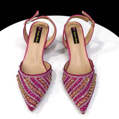 2025 Shiny Italian Fashion Pointed Toe Women Heel Fashion Rhinestone Decoration Fuchsia Color Shoes And Bag Set