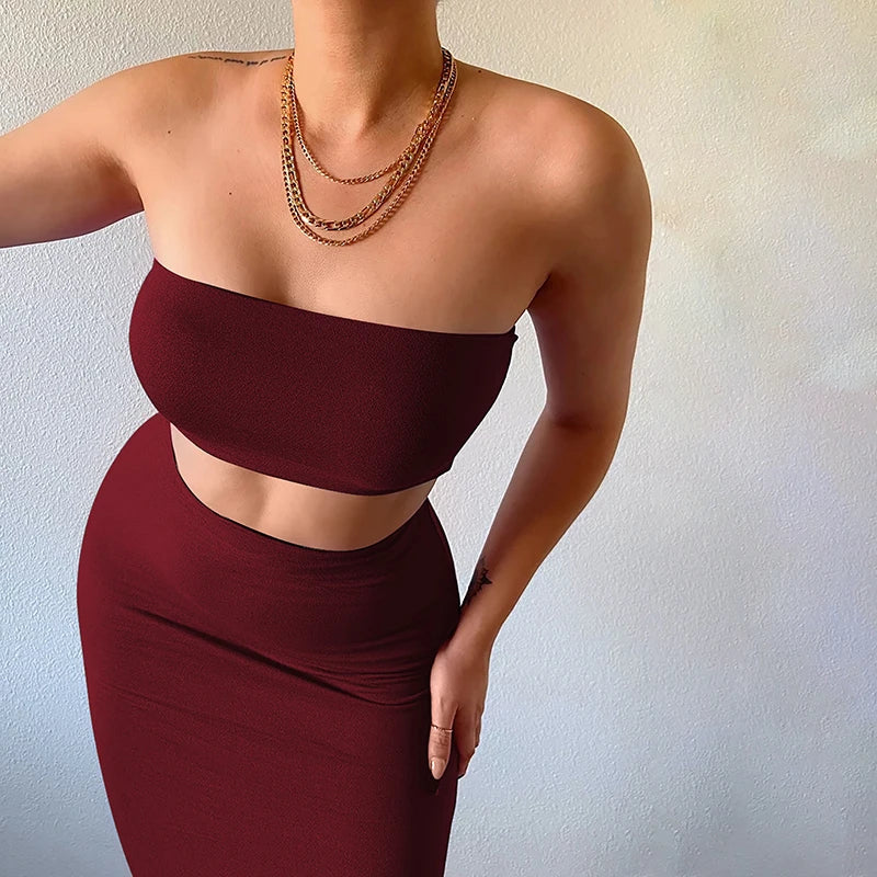 Hugcitar Women Elegant 2 Pcs Sets Strapless Sexy Tube Crop Tank Top Maxi Skirt 2025 Summer Women Casual Clothes Party Festival