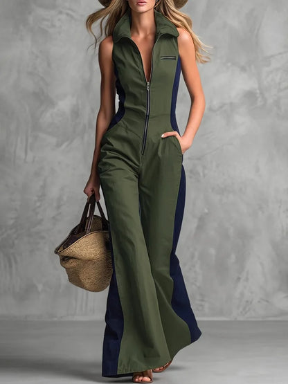 UOOZEE Women's Fashion Contrast Color Pockets Zipper Lapel Jumpsuits 2026 New Summer Sleeveless Wide Leg Casual Office Overalls