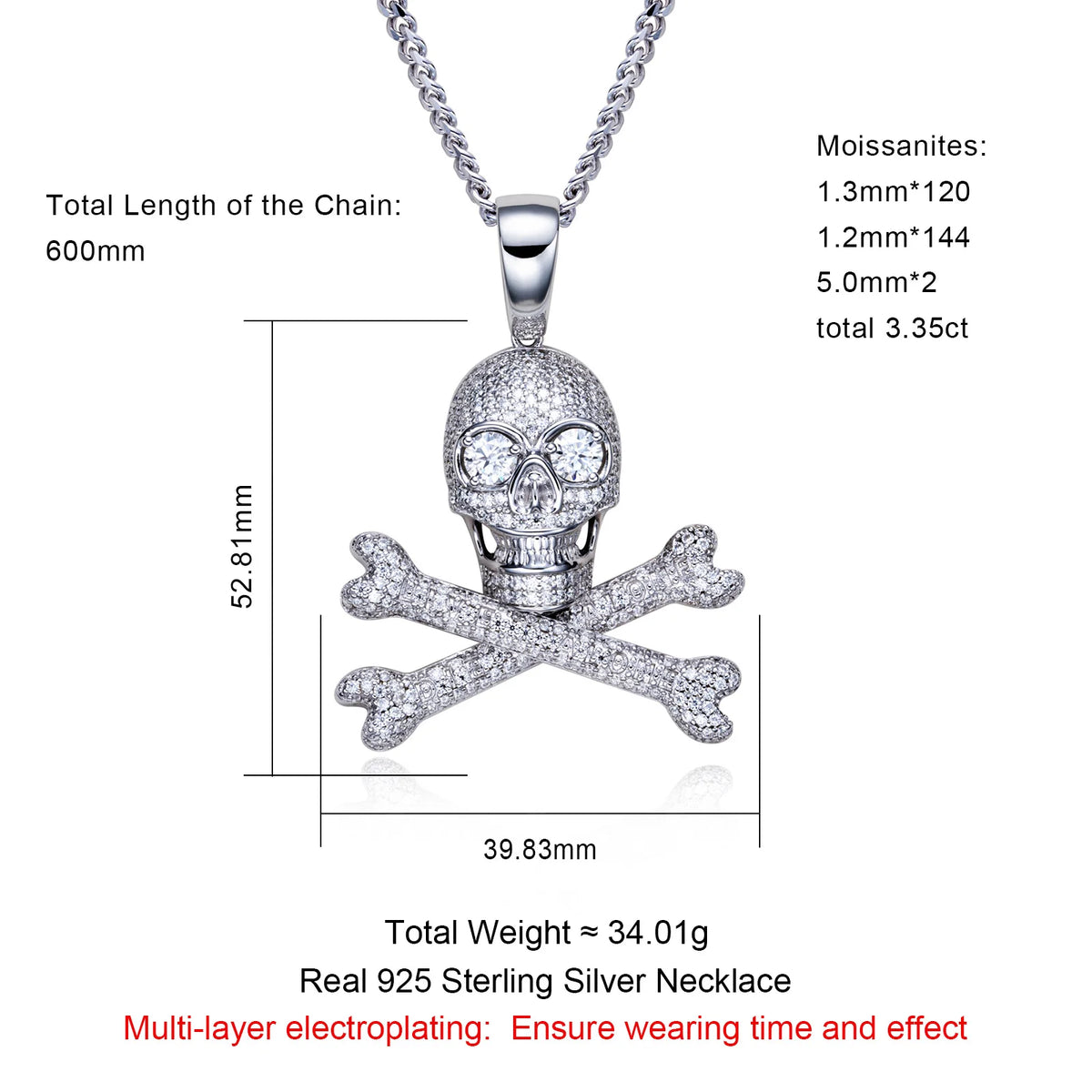 MossanRappr 3.35cttw Moissanite Skull Pendant Iced out Hip Hop Necklace 925 Sterling Silver D Color Fashion Jewelry Gift for Men