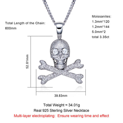 MossanRappr 3.35cttw Moissanite Skull Pendant Iced out Hip Hop Necklace 925 Sterling Silver D Color Fashion Jewelry Gift for Men