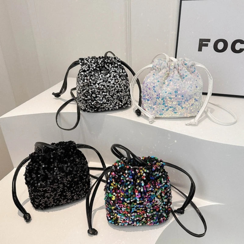 Shiny Sequin Drawstring Shoulder Bags for Women, Mini Crossbody Purse ,Sparkly Evening Handbag Suitable for Party Night Out