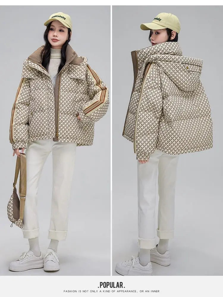 Thickened Houndstooth Down Jacket Women Winter 2023 New High Quality Korean Style Loose Bag Warm Fashion White Duck Puffer Coat