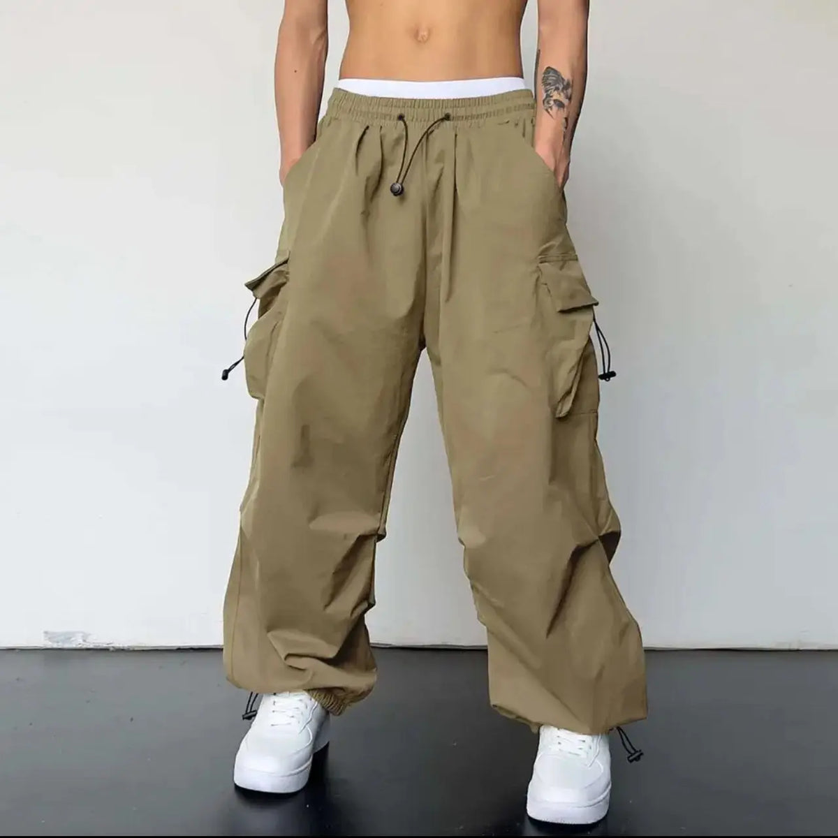 American High Street Summer Loose Straight Parachute Pants Men Solid Elastic Waist Pocket Casual Motion Wide Leg Cargo Trousers