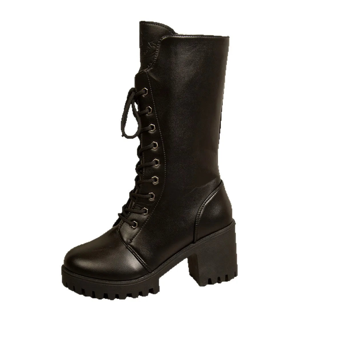 Autumn Women's Mid Calf Boots Chunky Heel Round Toe Platform Boots Black Leather Side Zip Botas Mujer Large Size 35-43 Fashion