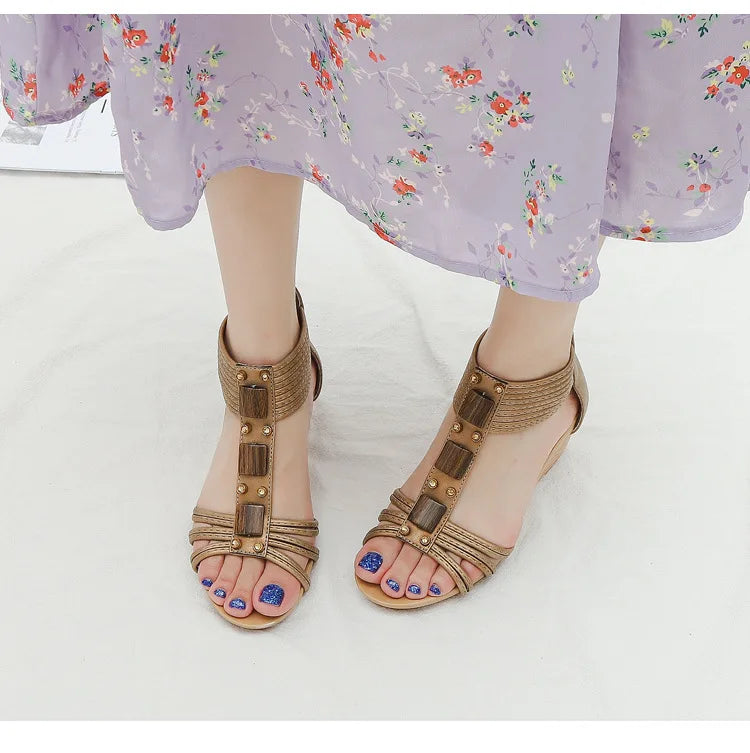 High quality leather flat sandals for women 5cm mid heel with beading summer 2026 36 42 open toe casual vintage shoe black beige