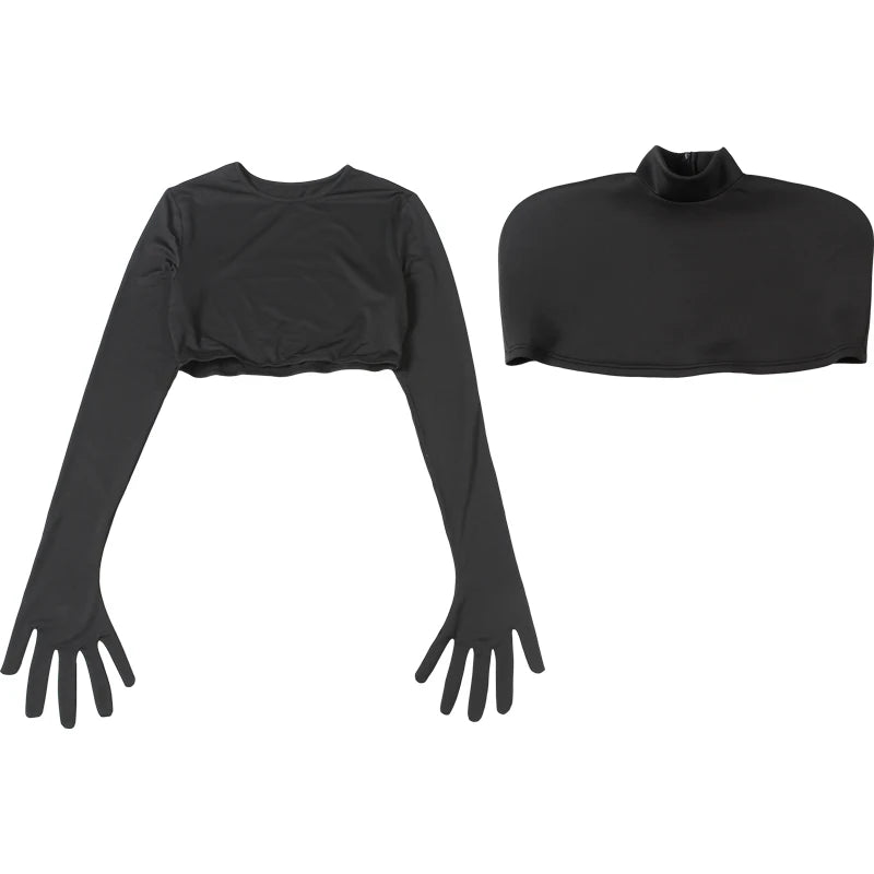 Weird Puss Chic Turtleneck T-Shirt 2-Piece Set Women Classic New Trend Long Gloves+Short Sleeve Crop Tees Fashion Streetwear