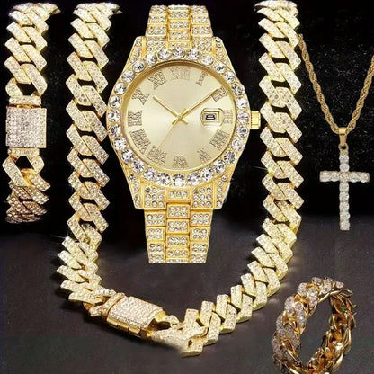 Men Pink Dial Iced Out Watch Jewelry Set Bling Rhinestone Watch Cuban Bracelet Cross Necklace Hip Hop Gift