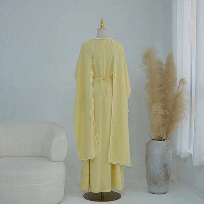White Pearl Trim Cape Maxi Dress Women Elegant Long Sleeve Cinched Waist Muslim Robes 2026 Spring EID Abaya Lady Dresses