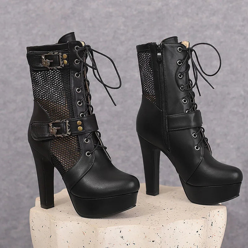2025 New Lace-up Mesh Summer Boots Women Sexy High Heels Platform Sandals Large Size Women's Custom Boots Female Shoes