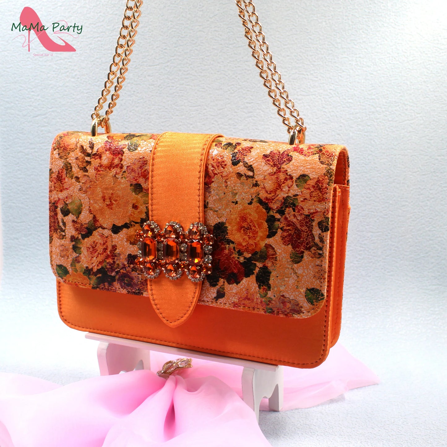 2024 Mature Style High Quality Comfortable Heels Italian Women Shoes and Bag Set with Shinning Crystal in Yellow Color