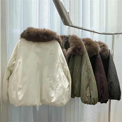 Women Winter Fox Fur Collar Short Puffer Jacket White Duck Down Thick Warm Loose Fit Parka Luxury Fashion Casual Outerwear Coat