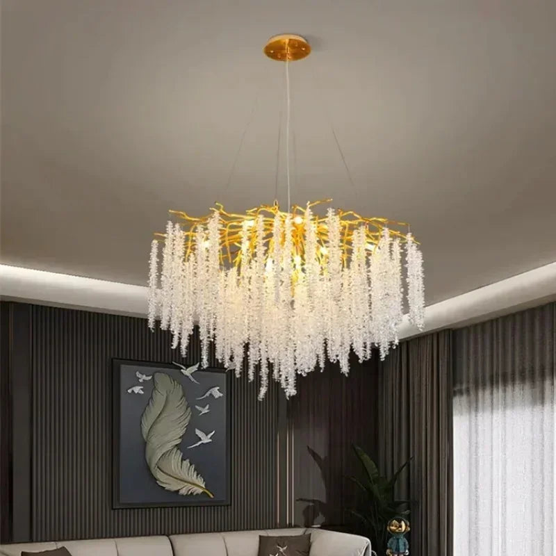 Modern Luxury Gold Branch Tassel Crystal LED Pendant Light Dining Room Living Room Indoor Home Decoration Atmosphere Fixtures